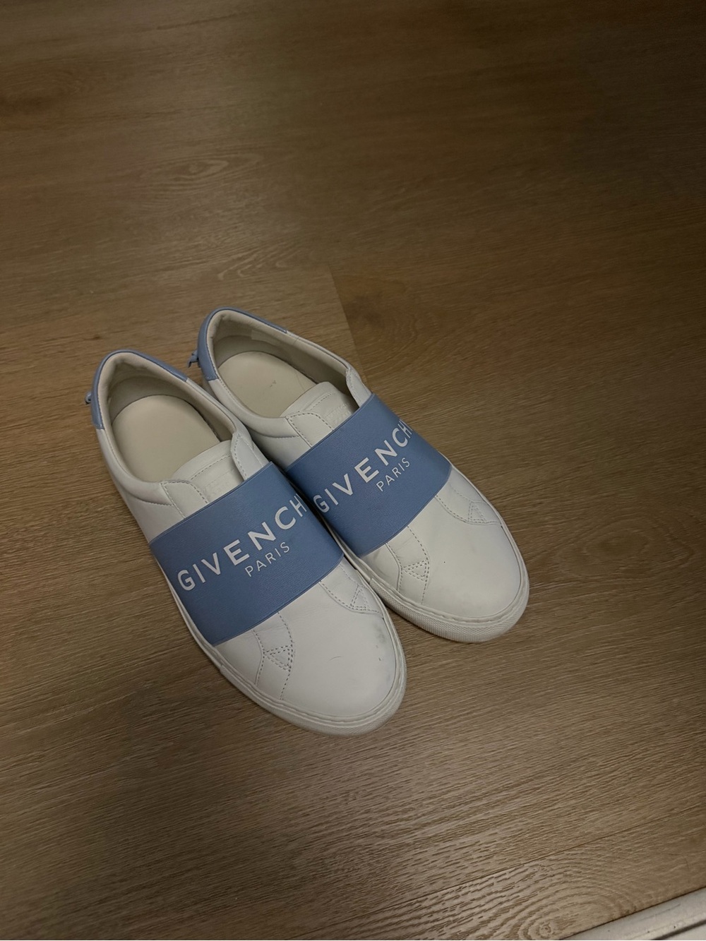 Givenchy White Leather Slip-On Sneakers with Blue Logo Strap